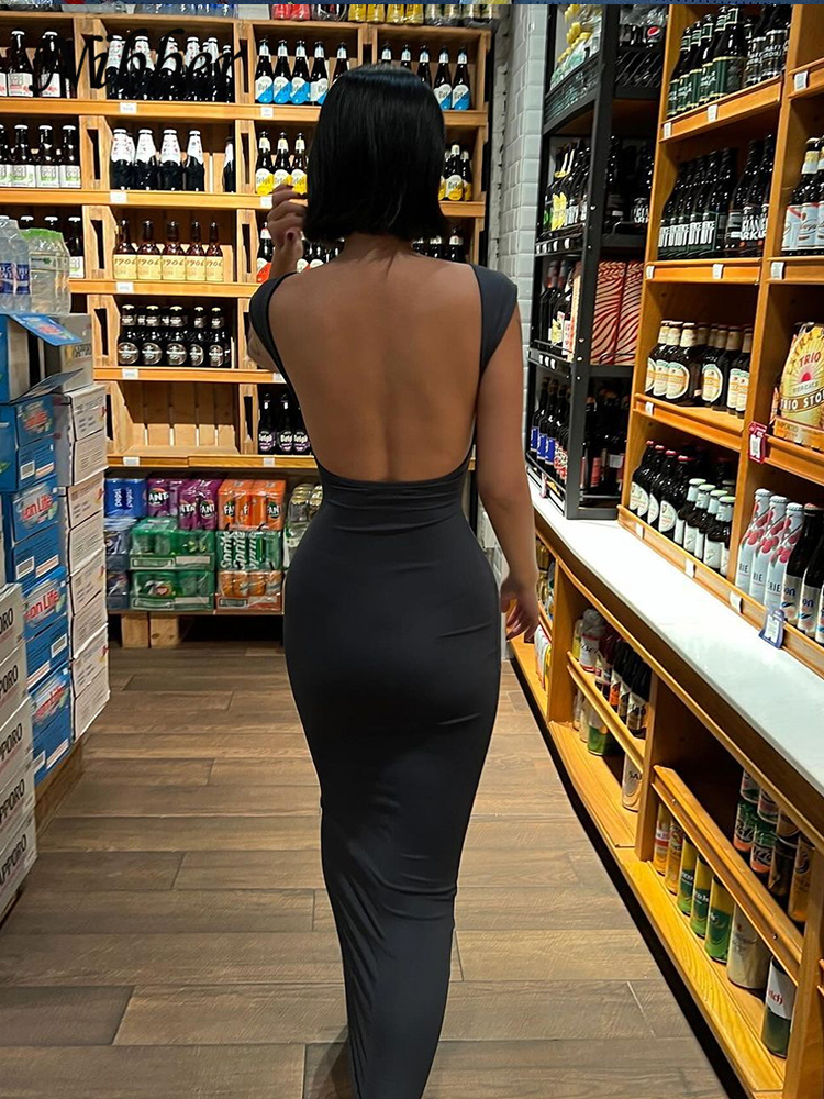 AliExpress Nibber Solid Sexy Backless Maxi Dress Women Elegant Elastic Slim Short Sleeve Long dresses Female Bodycon Streetwear Clothing, view 5