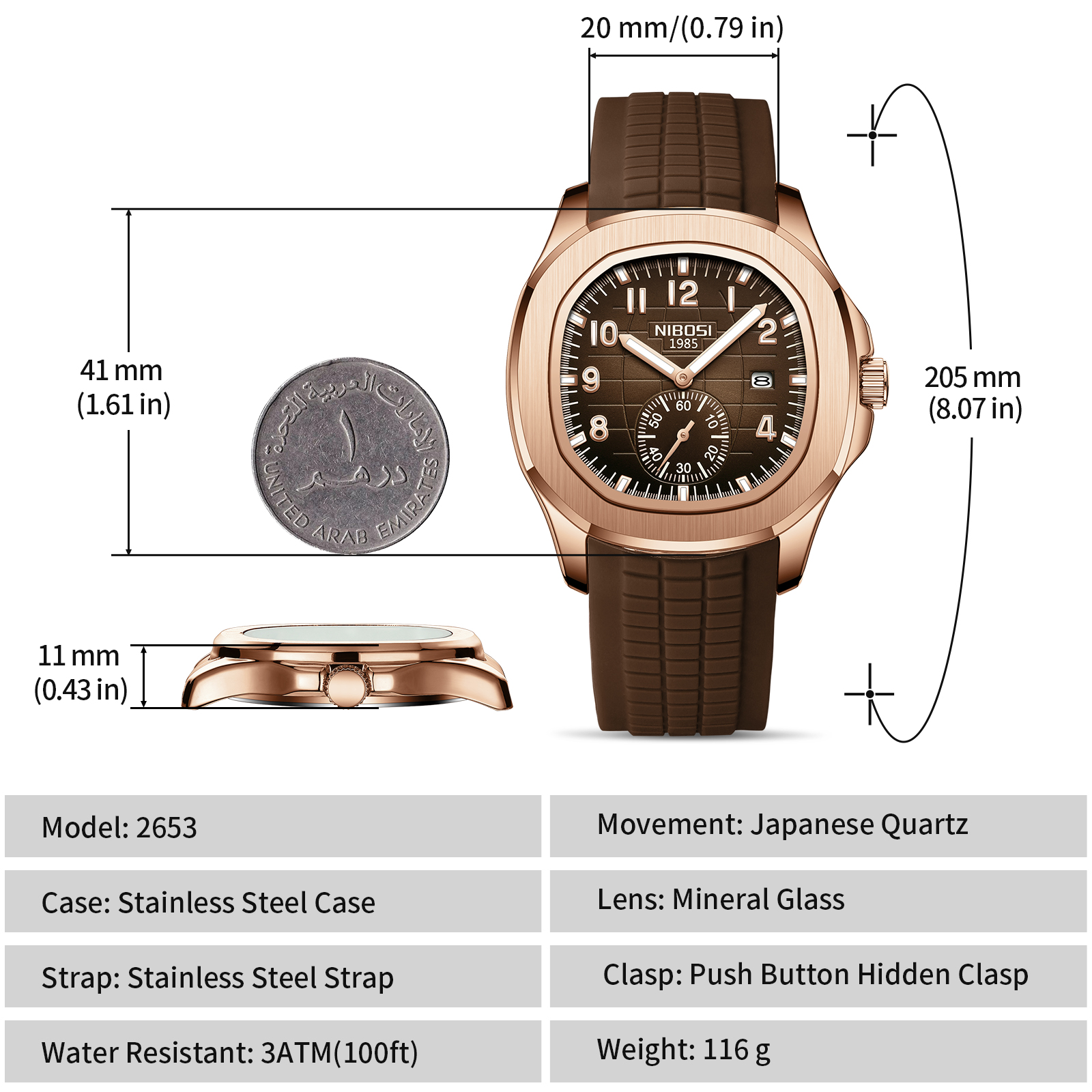 AliExpress NIBOSI Men's Square Silicone Band Quartz Watch, view 5