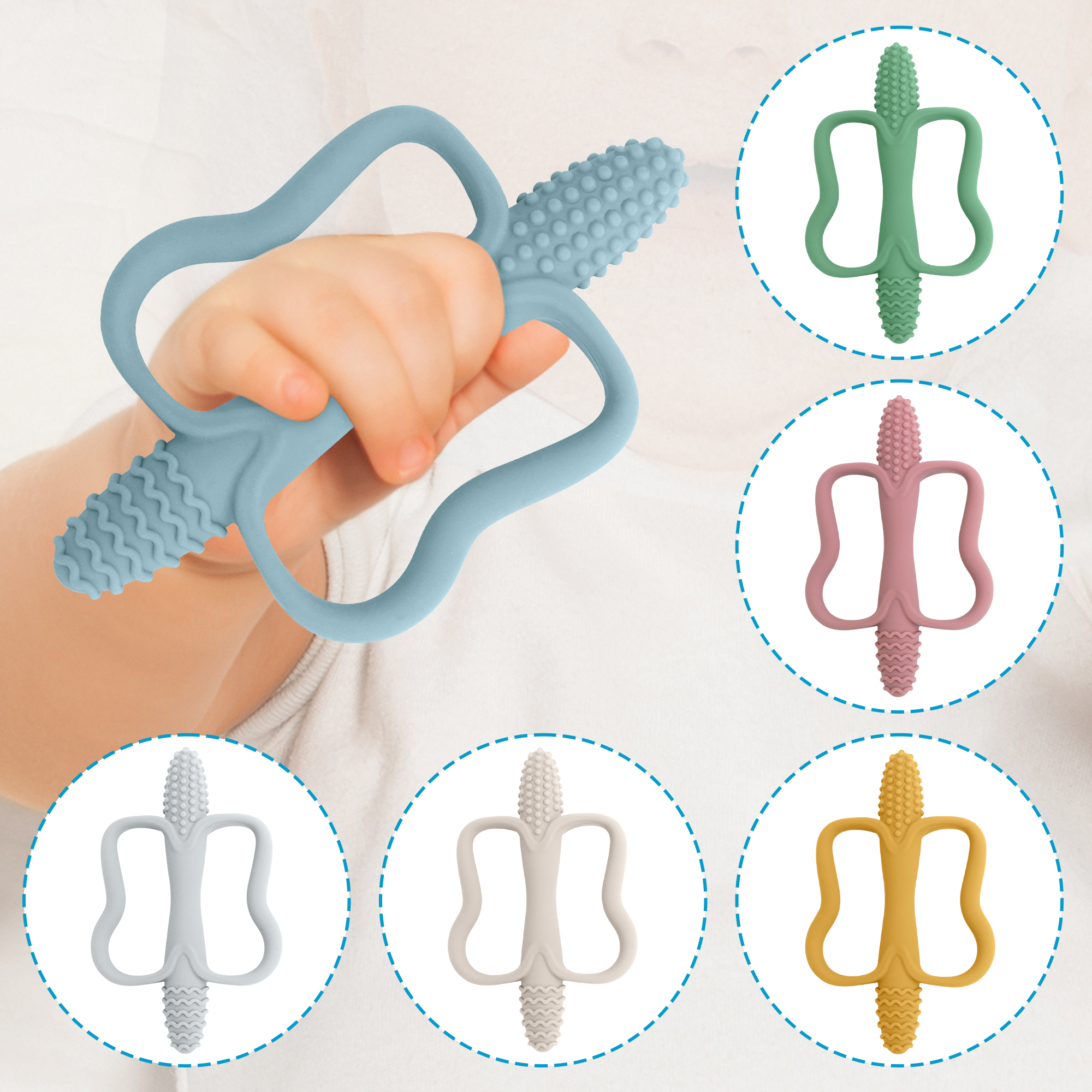 AliExpress One-piece silicone teething stick with handle, baby toy teether, 6 colors, easy to grip, corn-shaped teether, BPA-free.