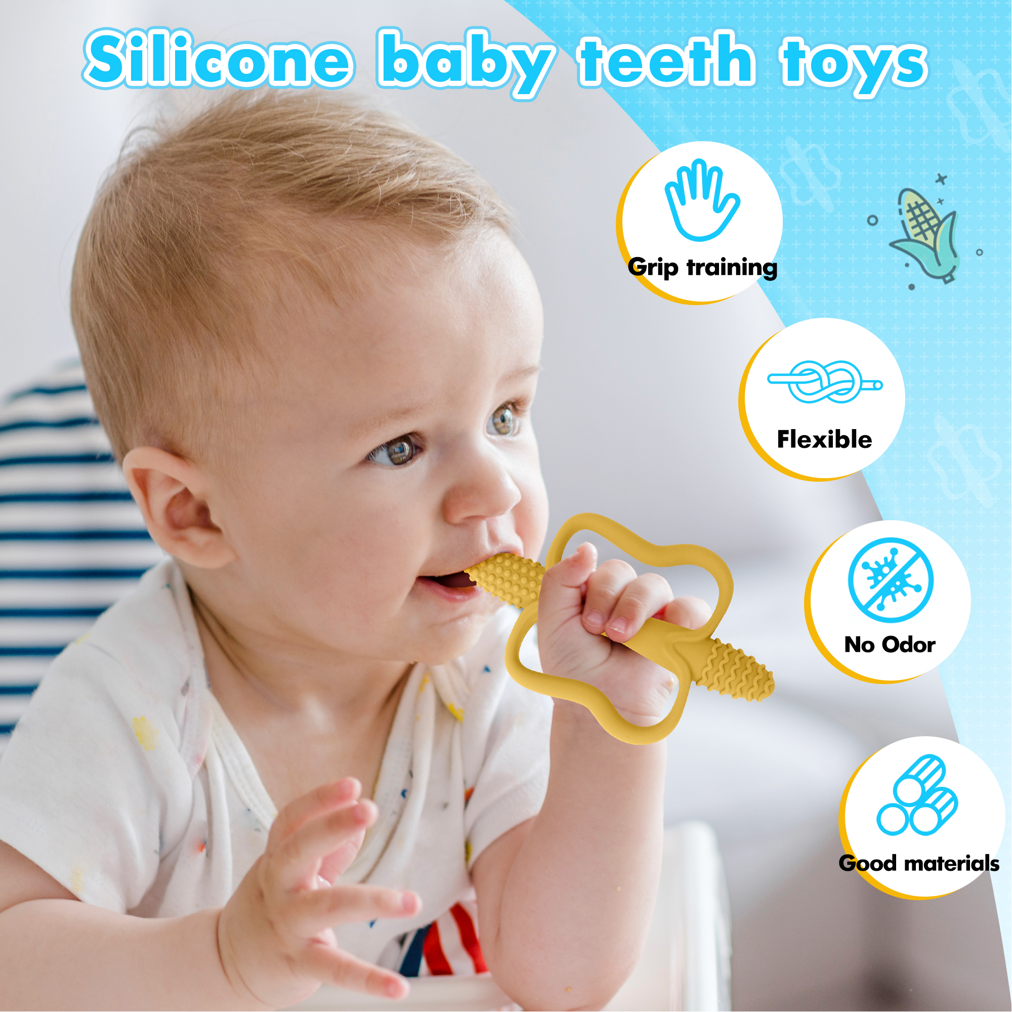 AliExpress One-piece silicone teething stick with handle, baby toy teether, 6 colors, easy to grip, corn-shaped teether, BPA-free., view 2