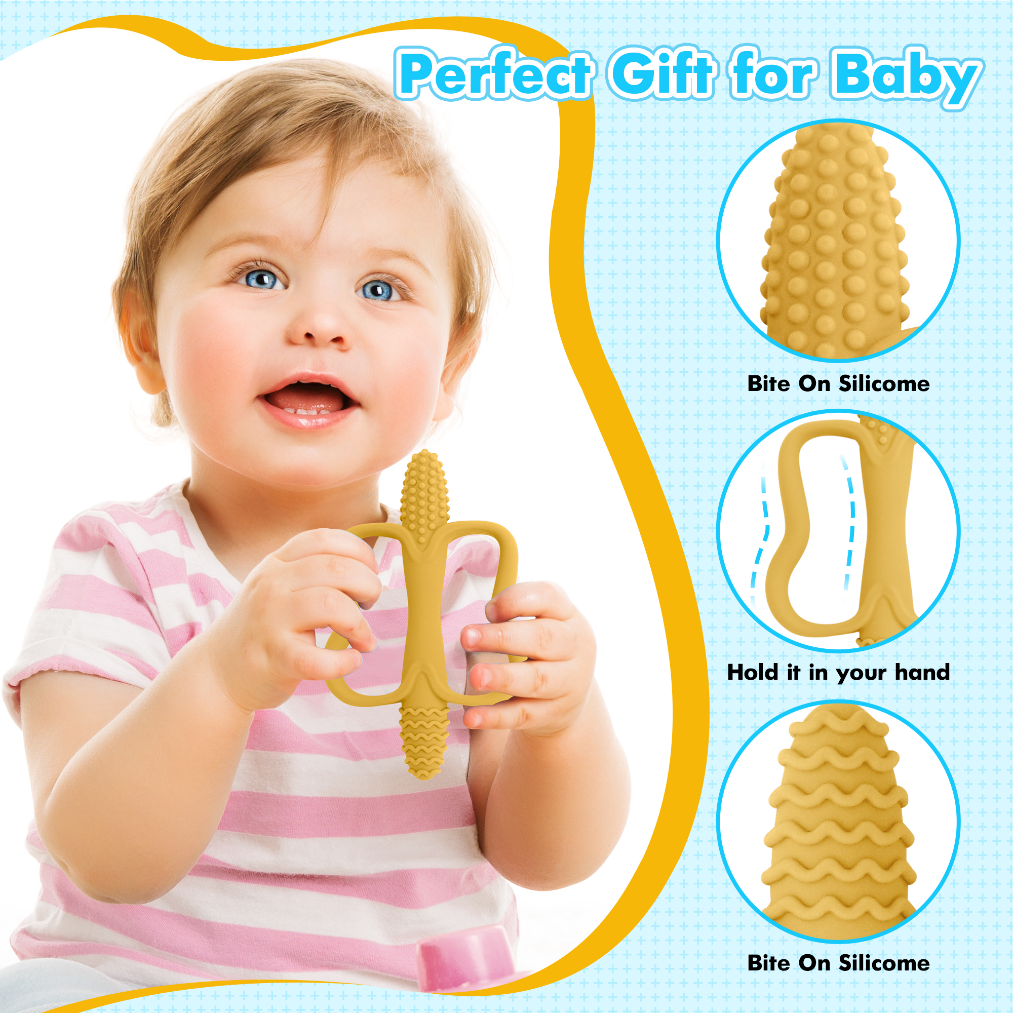 AliExpress One-piece silicone teething stick with handle, baby toy teether, 6 colors, easy to grip, corn-shaped teether, BPA-free., view 5