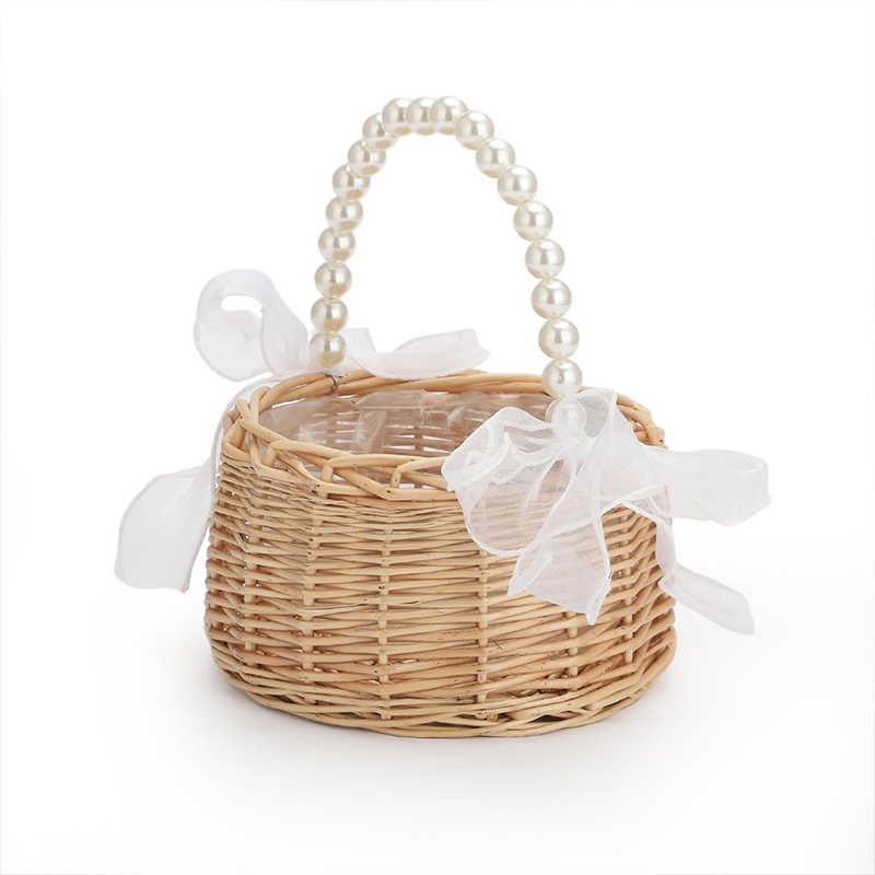 AliExpress One Wicker Rattan Flower Child Basket with Pearl Handle and Bow Hand Woven Easter Basket Wicker Basket for Weddings (Brown)