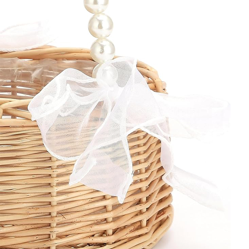 AliExpress One Wicker Rattan Flower Child Basket with Pearl Handle and Bow Hand Woven Easter Basket Wicker Basket for Weddings (Brown), view 2