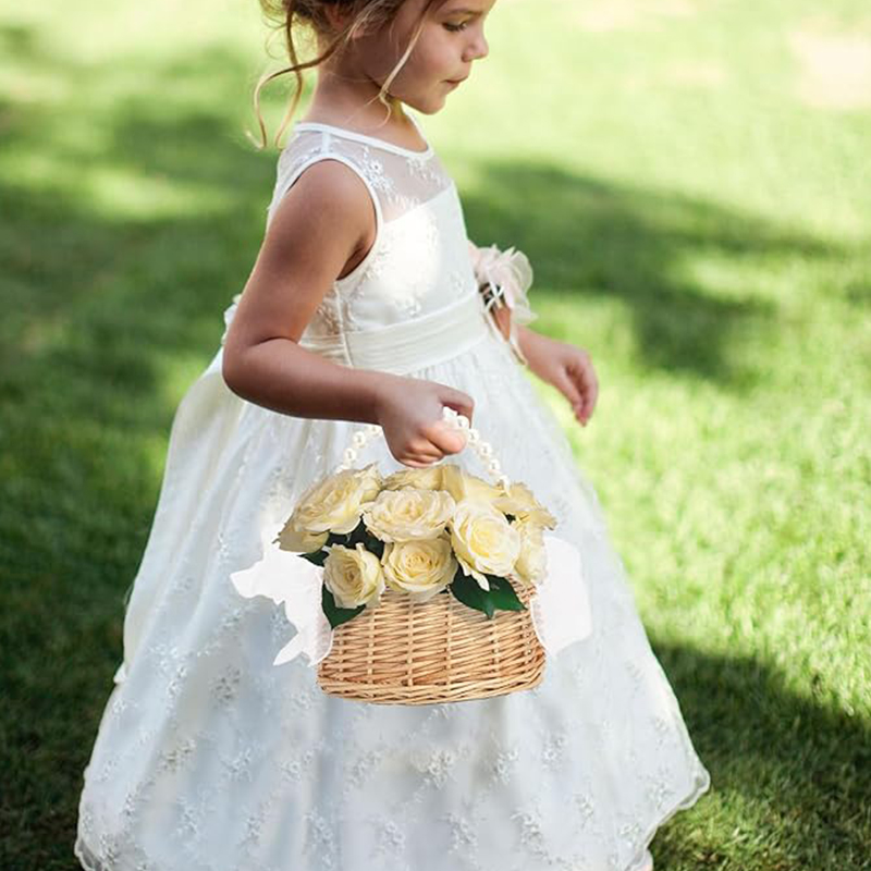 AliExpress One Wicker Rattan Flower Child Basket with Pearl Handle and Bow Hand Woven Easter Basket Wicker Basket for Weddings (Brown), view 4
