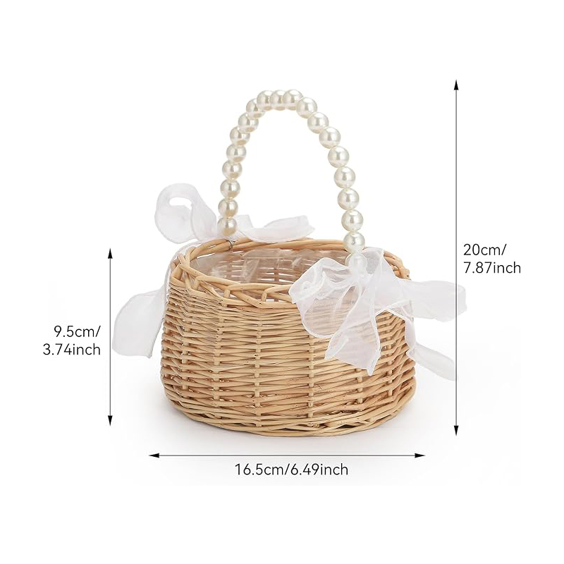 AliExpress One Wicker Rattan Flower Child Basket with Pearl Handle and Bow Hand Woven Easter Basket Wicker Basket for Weddings (Brown), view 5