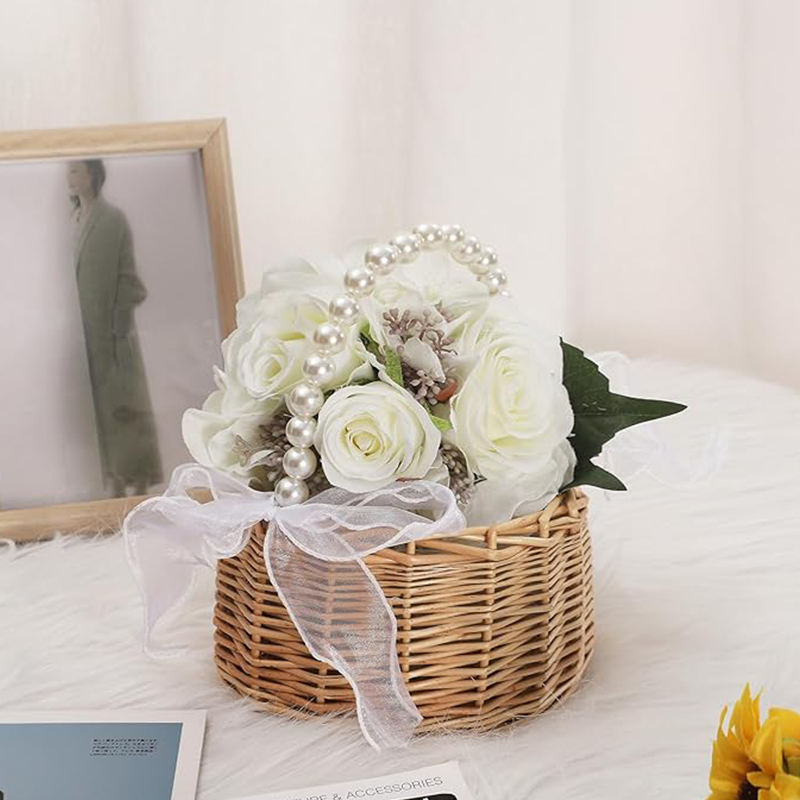 AliExpress One Wicker Rattan Flower Child Basket with Pearl Handle and Bow Hand Woven Easter Basket Wicker Basket for Weddings (Brown), view 6