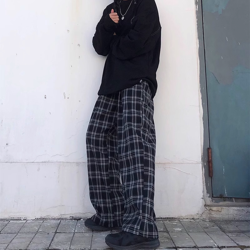 AliExpress Oversize Pants Women Sweatpants Summer Fashion Black Plaid Casual Pants Elastic Waist Casual Pockets Student Unisex Trousers, view 3