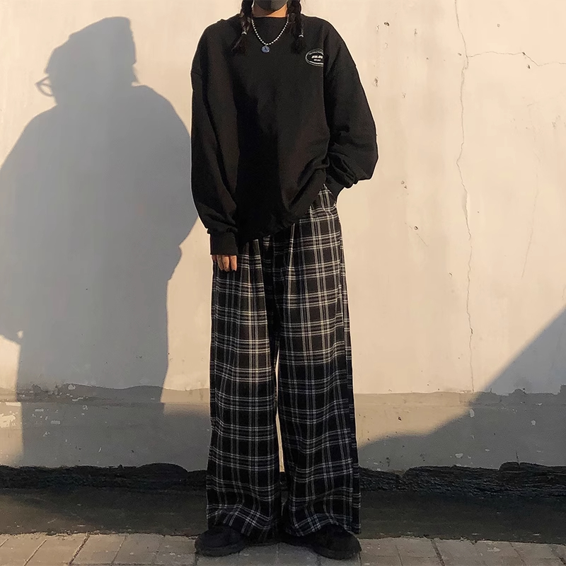 AliExpress Oversize Pants Women Sweatpants Summer Fashion Black Plaid Casual Pants Elastic Waist Casual Pockets Student Unisex Trousers, view 5