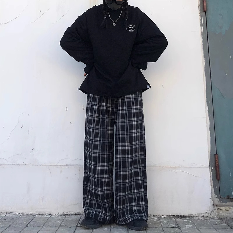 AliExpress Oversize Pants Women Sweatpants Summer Fashion Black Plaid Casual Pants Elastic Waist Casual Pockets Student Unisex Trousers, view 6