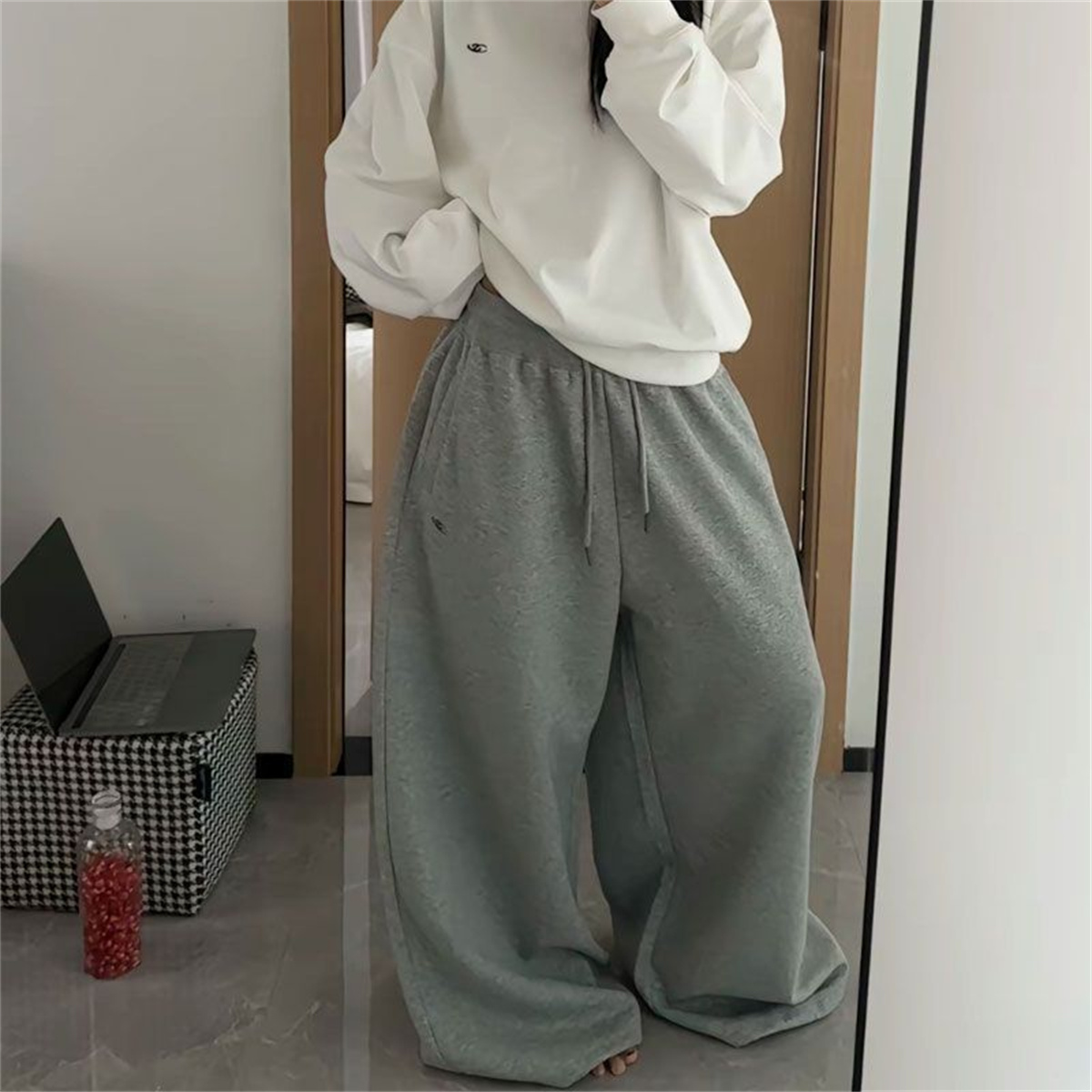 AliExpress Oversize Woman Grey Black Sweatpants Y2K Korean Streetwear Loose Casual Jogger Pants High Waist All Match Drawstring Trousers