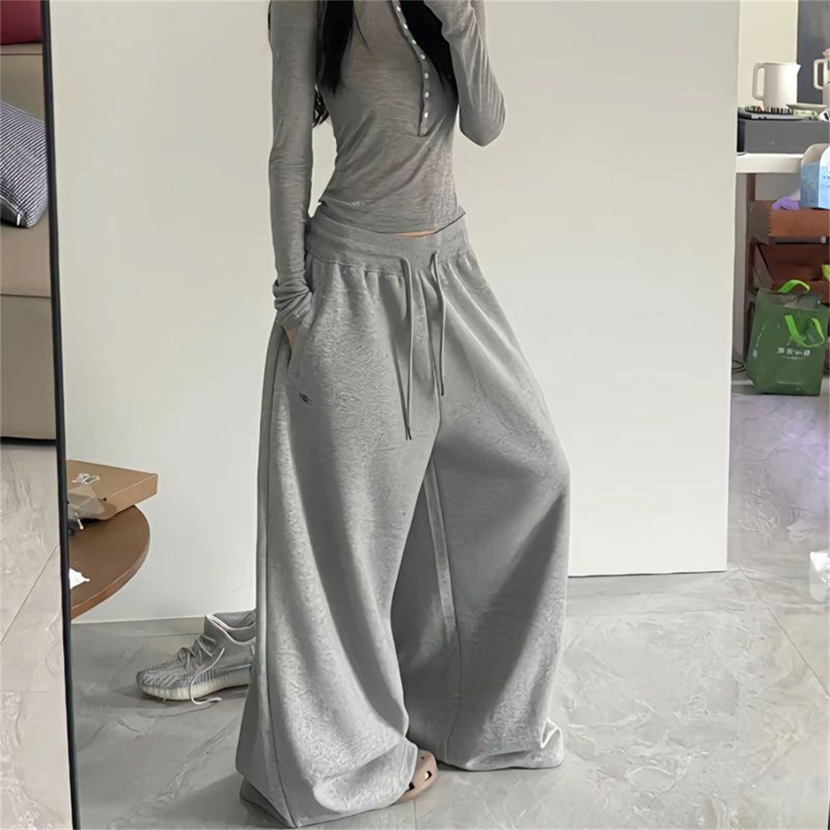 AliExpress Oversize Woman Grey Black Sweatpants Y2K Korean Streetwear Loose Casual Jogger Pants High Waist All Match Drawstring Trousers, view 3