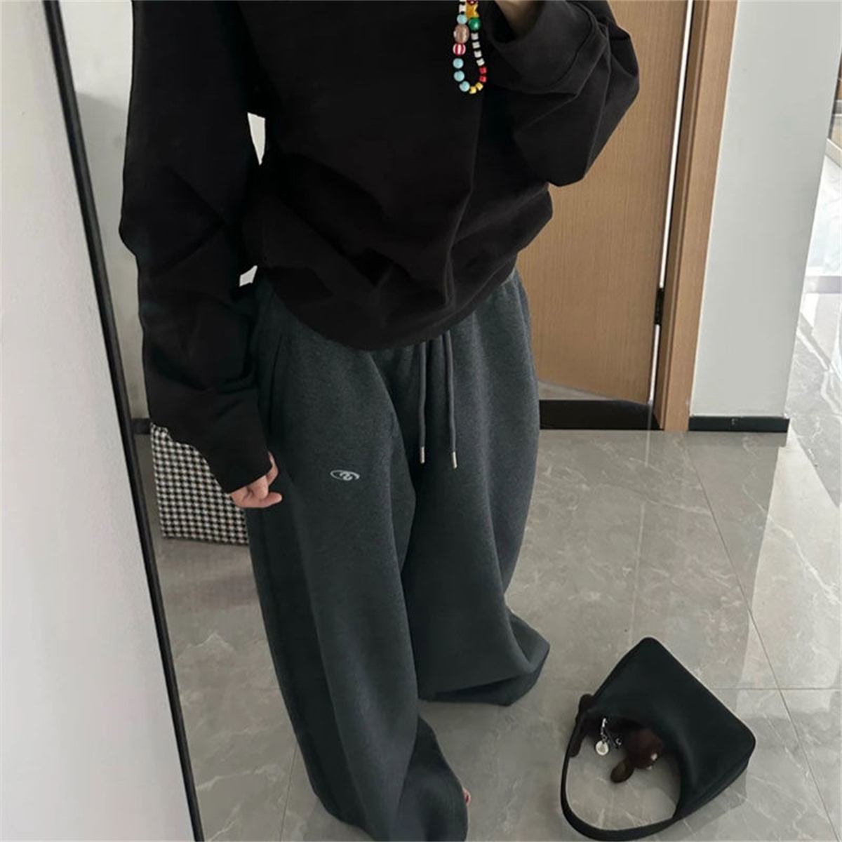 AliExpress Oversize Woman Grey Black Sweatpants Y2K Korean Streetwear Loose Casual Jogger Pants High Waist All Match Drawstring Trousers, view 6