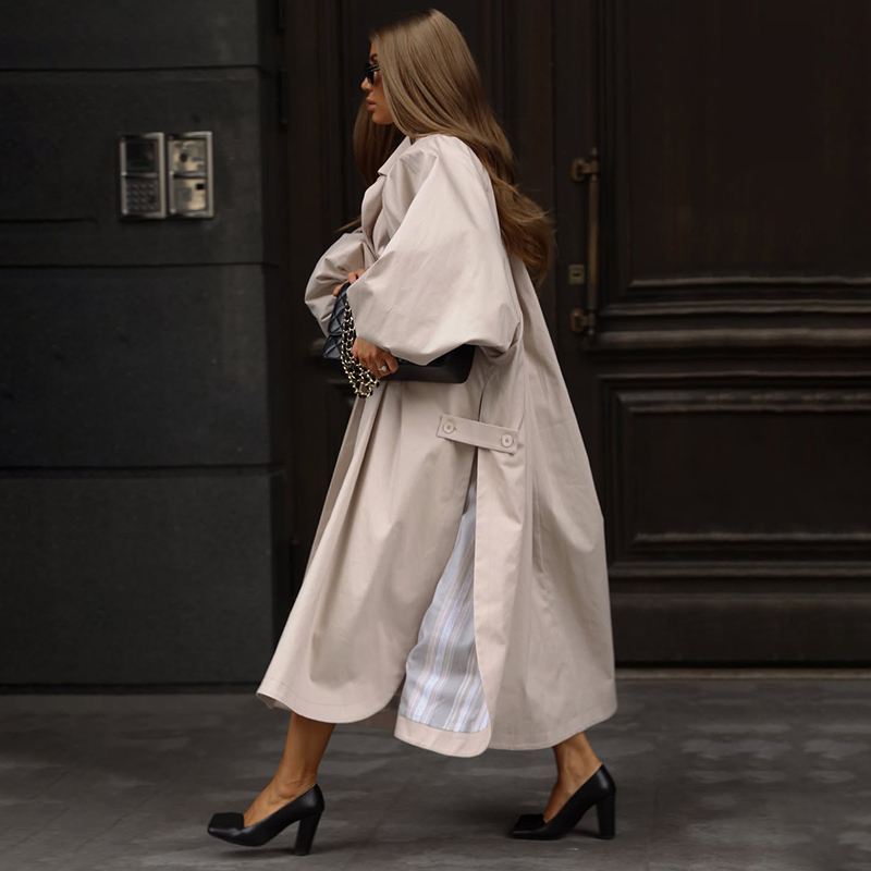 AliExpress Oversized Solid Wome's Long Trench Coat Puff Sleeve Side Slit Maxi Windbreaker Lapel Single Breasted Lady Autumn Tench Coats