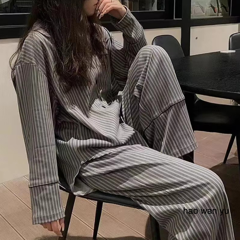 AliExpress Pajamas for Women in Spring and Autumn Long Sleeved Striped Thin Design Can Be Worn Externally Student Sleepwear Two Piece Set, view 3