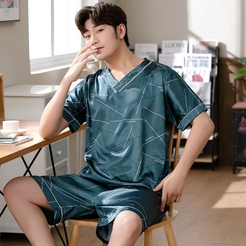 AliExpress Pajamas Men Ice Silk Thin Short-Sleeved Two-Piece Suit Korean Version of the Loose Large Size Men Home Clothing with Letters