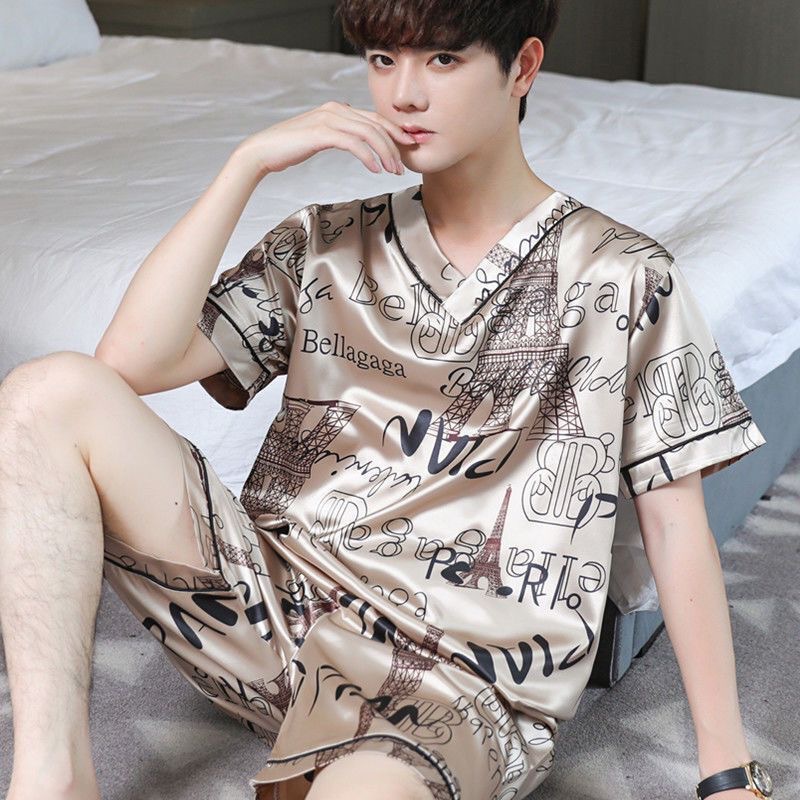AliExpress Pajamas Men Ice Silk Thin Short-Sleeved Two-Piece Suit Korean Version of the Loose Large Size Men Home Clothing with Letters, view 2