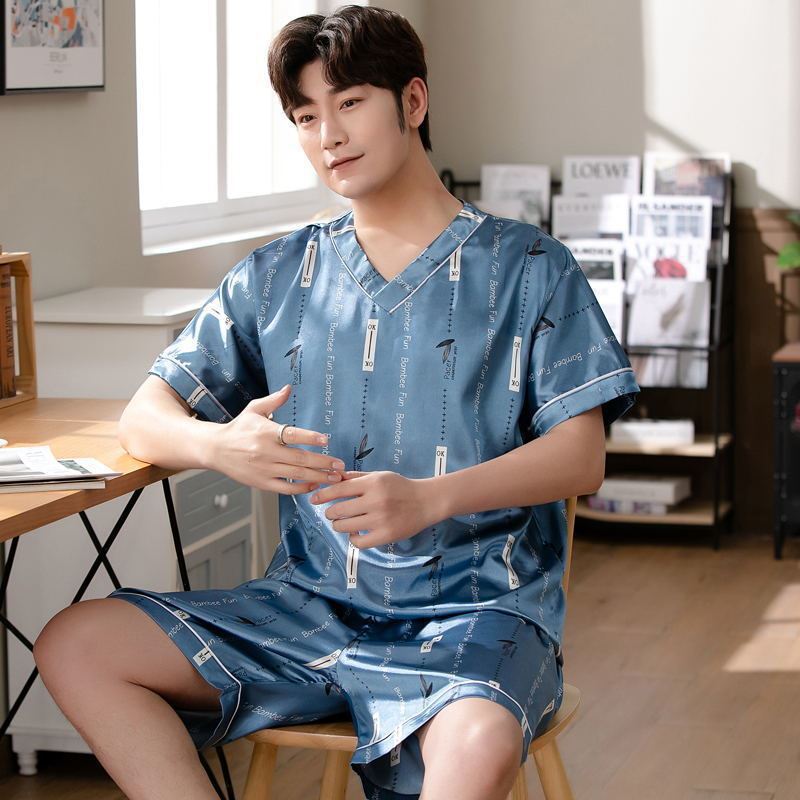 AliExpress Pajamas Men Ice Silk Thin Short-Sleeved Two-Piece Suit Korean Version of the Loose Large Size Men Home Clothing with Letters, view 3