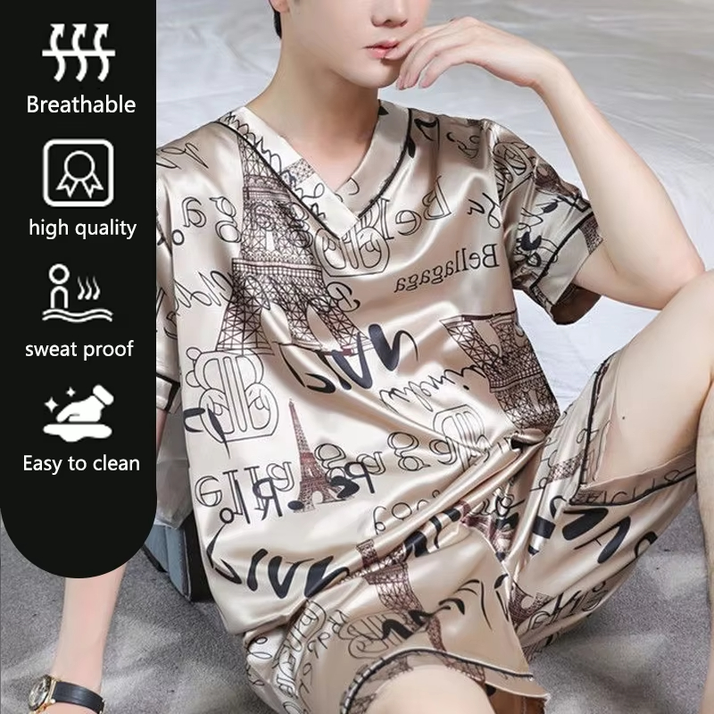 AliExpress Pajamas Men Ice Silk Thin Short-Sleeved Two-Piece Suit Korean Version of the Loose Large Size Men Home Clothing with Letters, view 4