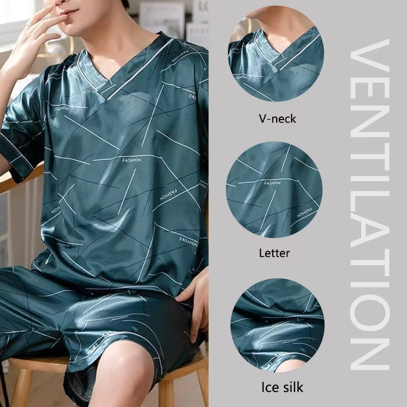 AliExpress Pajamas Men Ice Silk Thin Short-Sleeved Two-Piece Suit Korean Version of the Loose Large Size Men Home Clothing with Letters, view 5