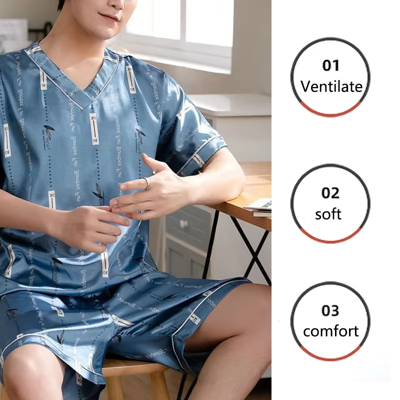 AliExpress Pajamas Men Ice Silk Thin Short-Sleeved Two-Piece Suit Korean Version of the Loose Large Size Men Home Clothing with Letters, view 6