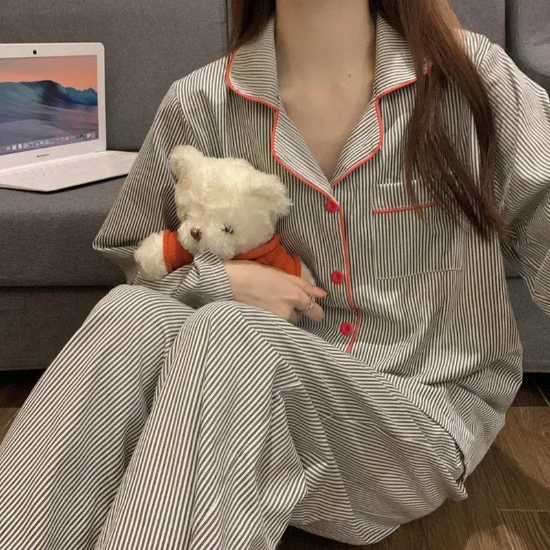 AliExpress Pajamas Women Long Sleeve Trousers Summer Grey Cardigan Striped Sleepwear Loungewear Two Piece Set Ladies Nightwear Homewear