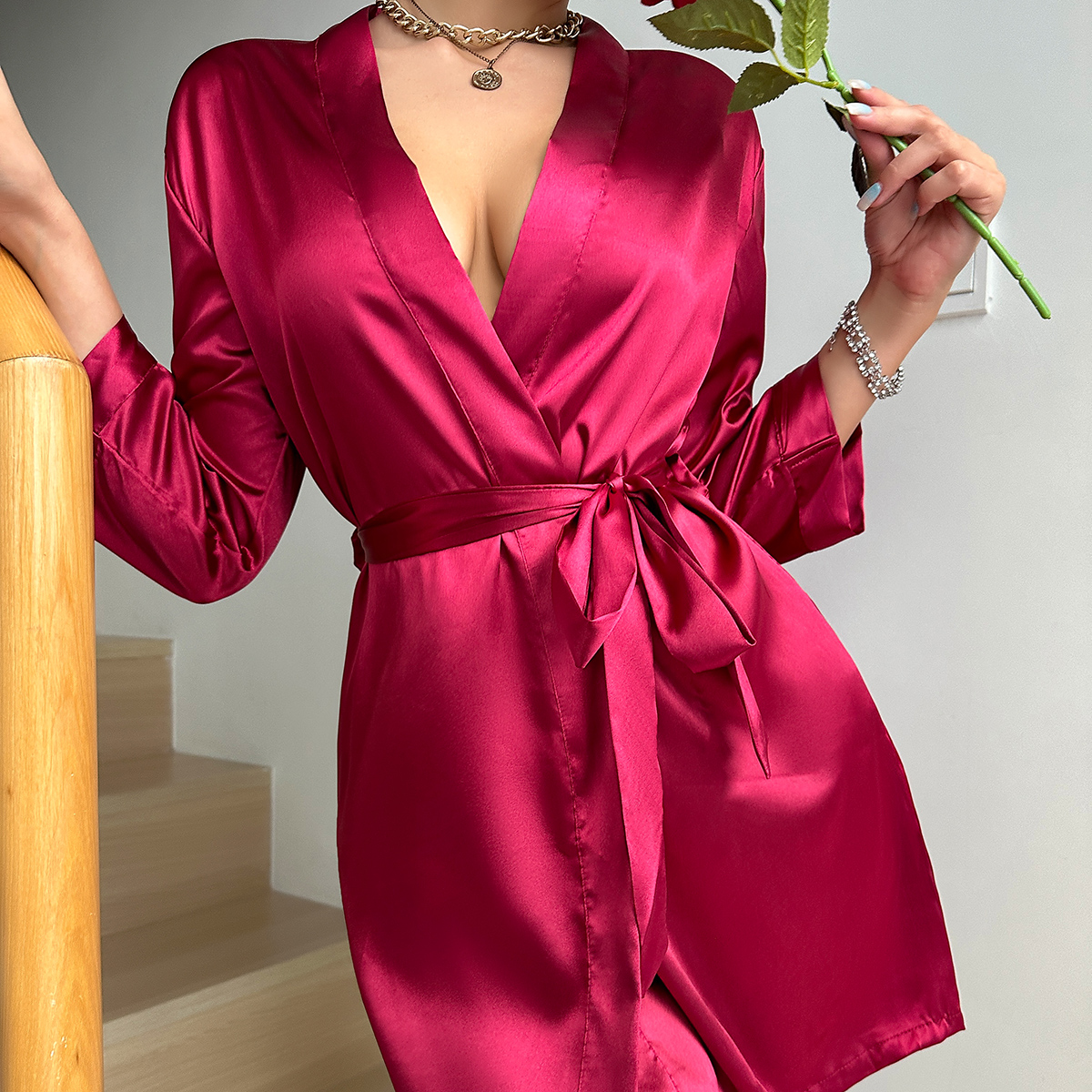 AliExpress Pajamas women summer European and American ladies lace-up bathrobe sexy morning gown home dress can wear ice silk robe, view 2