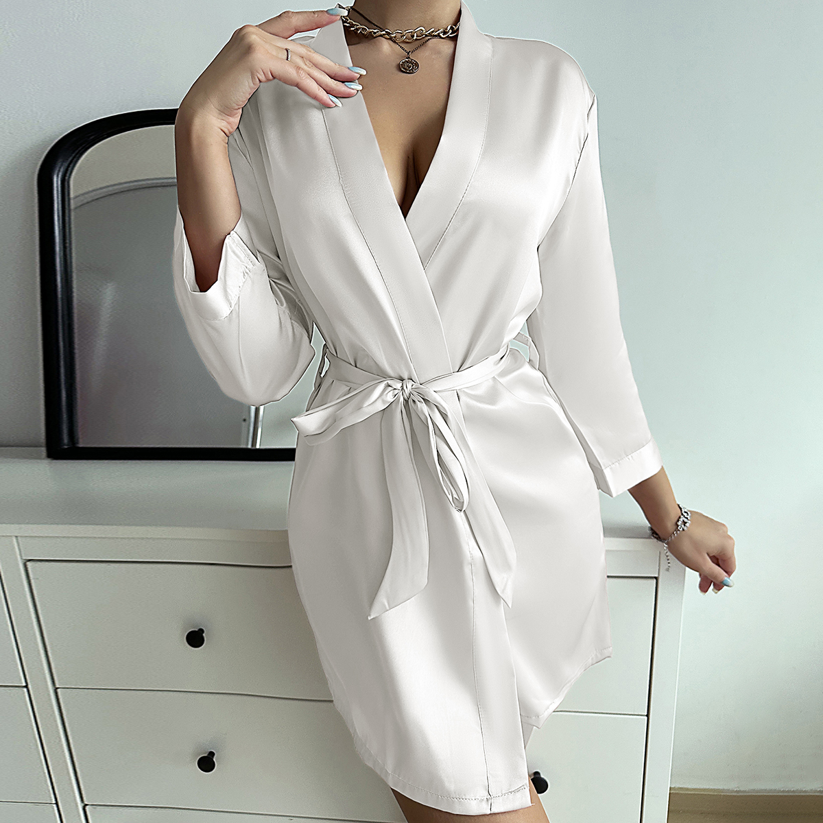 AliExpress Pajamas women summer European and American ladies lace-up bathrobe sexy morning gown home dress can wear ice silk robe, view 4