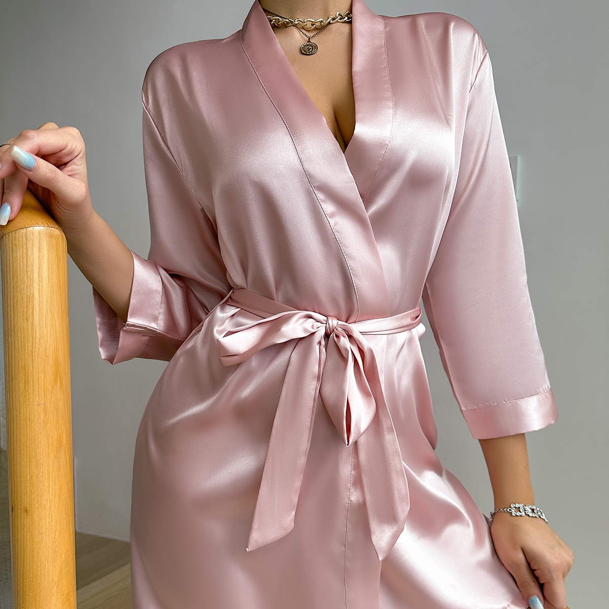 AliExpress Pajamas women summer European and American ladies lace-up bathrobe sexy morning gown home dress can wear ice silk robe, view 5