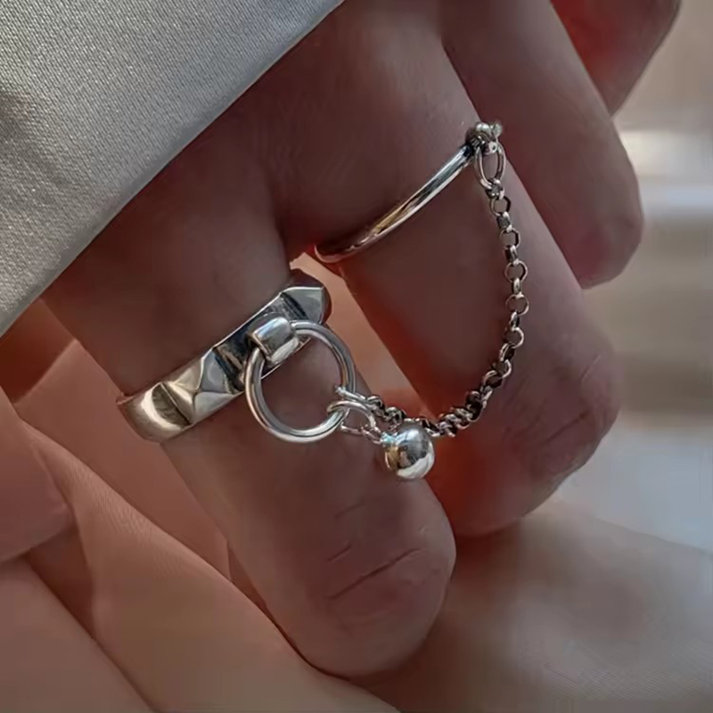 AliExpress PANJBJ 925 Silver Retro Double Round Chain Ring, view 2