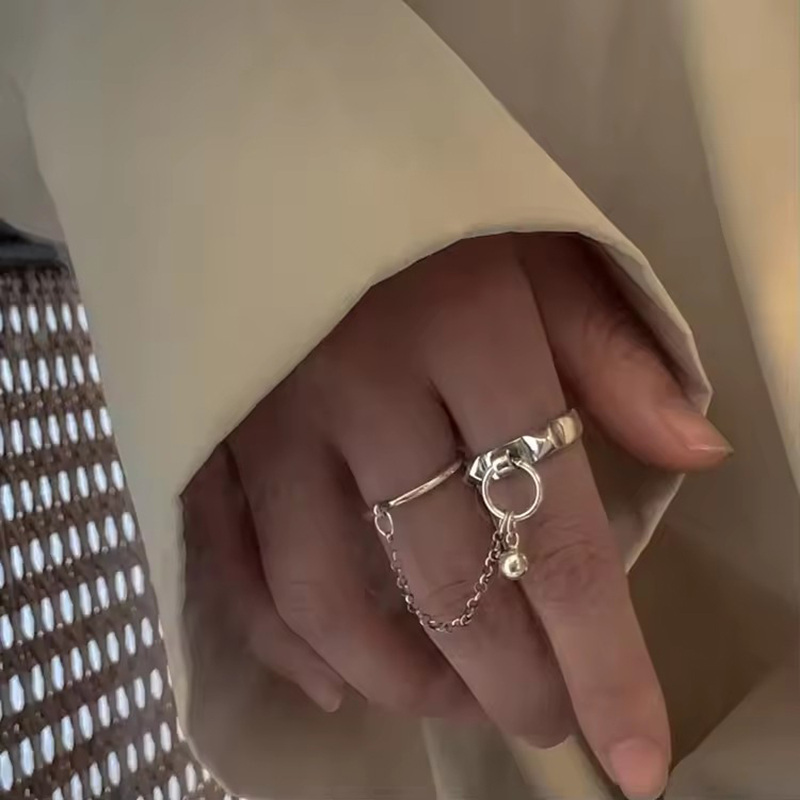 AliExpress PANJBJ 925 Silver Retro Double Round Chain Ring, view 5
