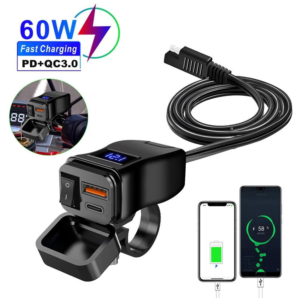 AliExpress PD QC3.0 Motorcycle USB Fast Charger 60W Handlebar Dual USB Socket with Switch Voltmeter Waterproof 12V Power Supply Adapter