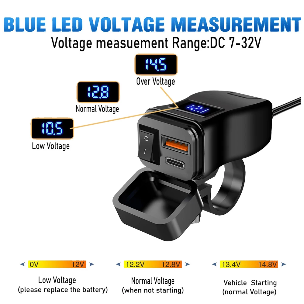 AliExpress PD QC3.0 Motorcycle USB Fast Charger 60W Handlebar Dual USB Socket with Switch Voltmeter Waterproof 12V Power Supply Adapter, view 2