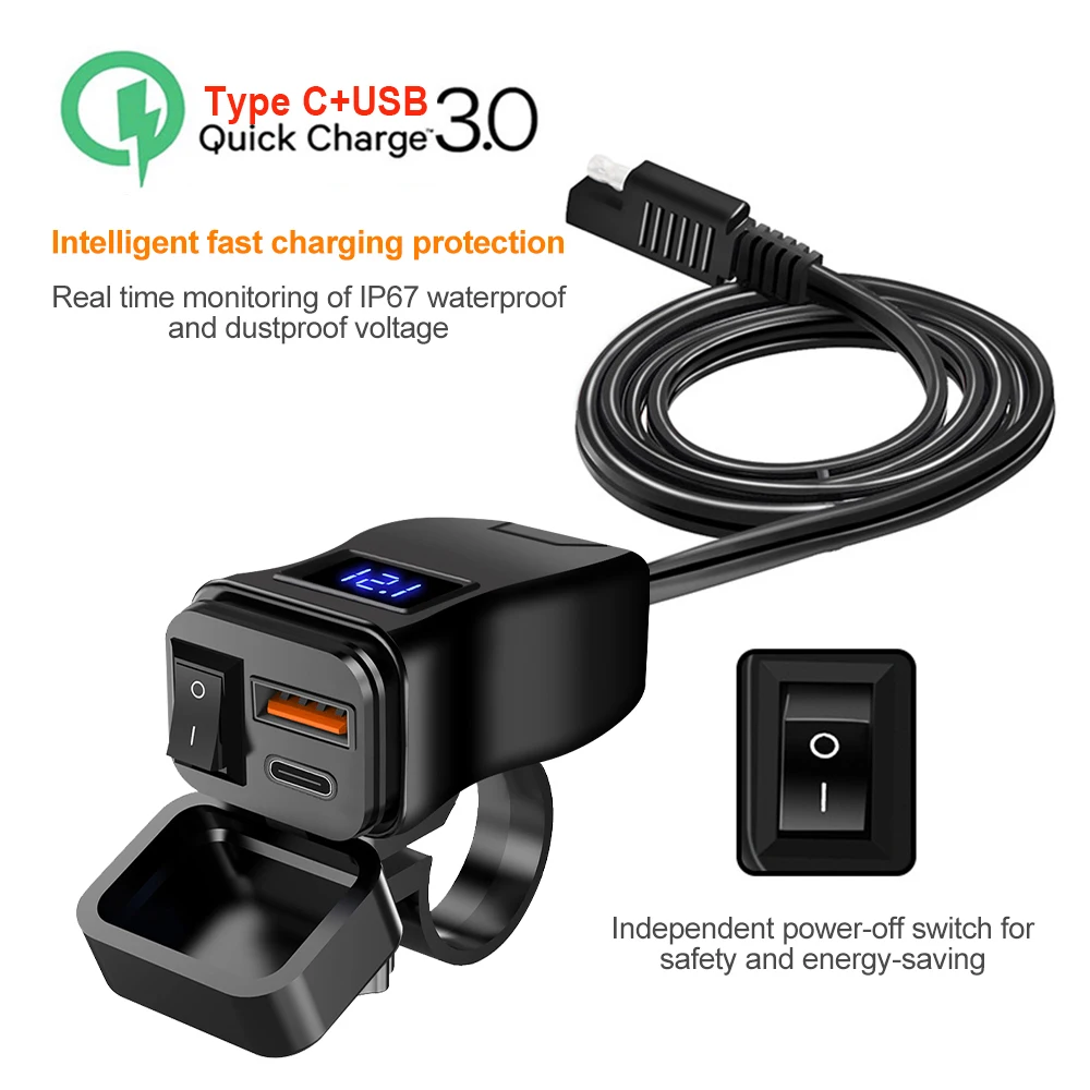 AliExpress PD QC3.0 Motorcycle USB Fast Charger 60W Handlebar Dual USB Socket with Switch Voltmeter Waterproof 12V Power Supply Adapter, view 3