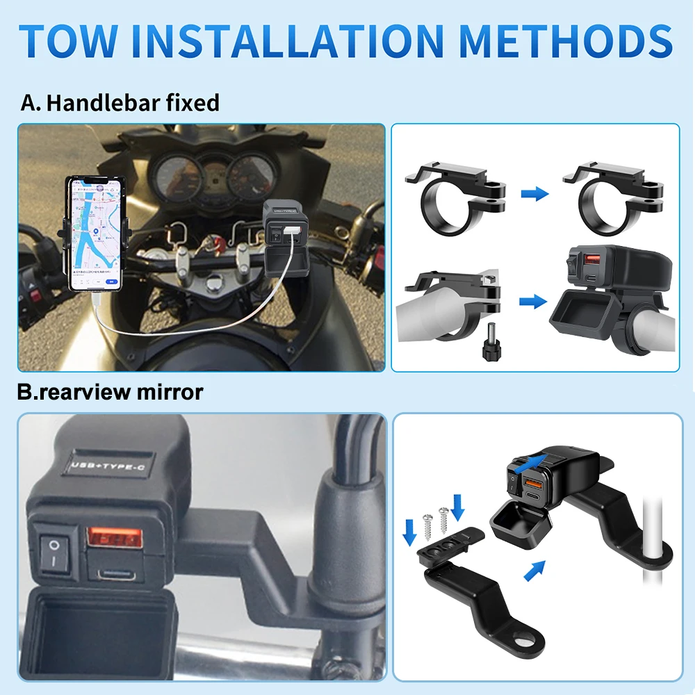 AliExpress PD QC3.0 Motorcycle USB Fast Charger 60W Handlebar Dual USB Socket with Switch Voltmeter Waterproof 12V Power Supply Adapter, view 5