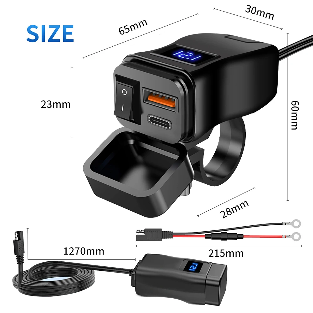 AliExpress PD QC3.0 Motorcycle USB Fast Charger 60W Handlebar Dual USB Socket with Switch Voltmeter Waterproof 12V Power Supply Adapter, view 6