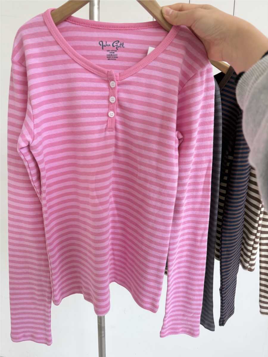 AliExpress Women's Pink Striped Slim Cotton Long-Sleeve Tee, view 4