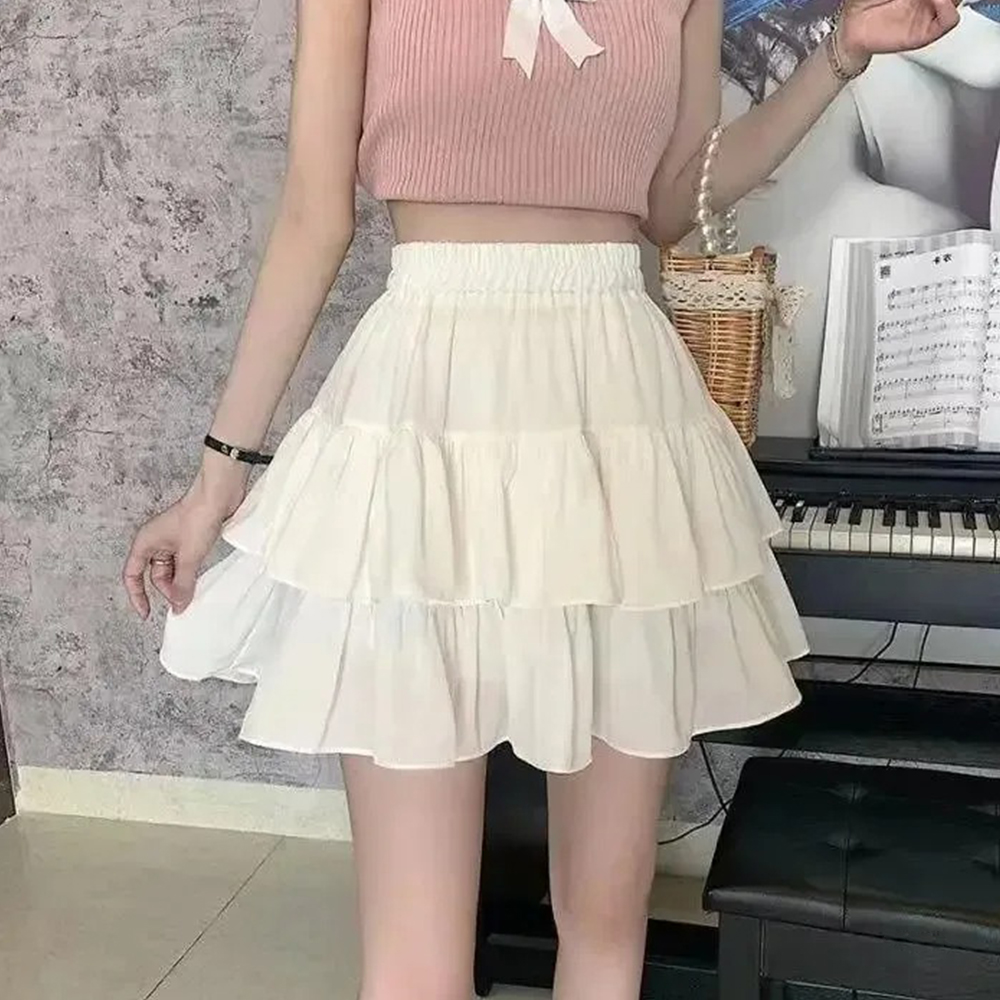 AliExpress Pleated A-line Skirt White Women Ruffles Sweet Hottie Preppy Style Elastic Elastic Waist Slim Thin SimpleCasual Summer Wholesale
