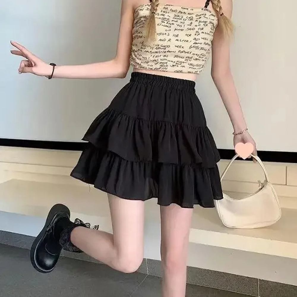 AliExpress Pleated A-line Skirt White Women Ruffles Sweet Hottie Preppy Style Elastic Elastic Waist Slim Thin SimpleCasual Summer Wholesale, view 2