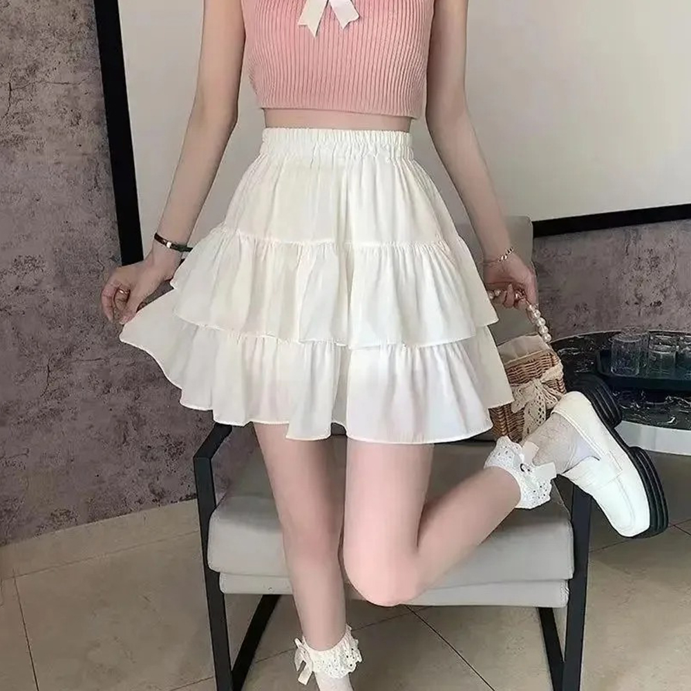 AliExpress Pleated A-line Skirt White Women Ruffles Sweet Hottie Preppy Style Elastic Elastic Waist Slim Thin SimpleCasual Summer Wholesale, view 3