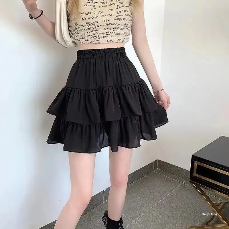 AliExpress Pleated A-line Skirt White Women Ruffles Sweet Hottie Preppy Style Elastic Elastic Waist Slim Thin SimpleCasual Summer Wholesale, view 4