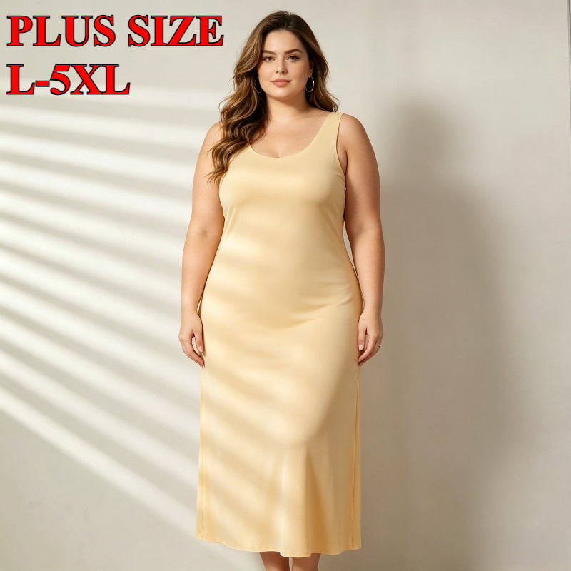 AliExpress Plus Size Full Slips Dresses For Women Thin Seamless Ice Silk Summer Petticoat Underskirt Dress Sleeveless Inner Vest Dress 5XL
