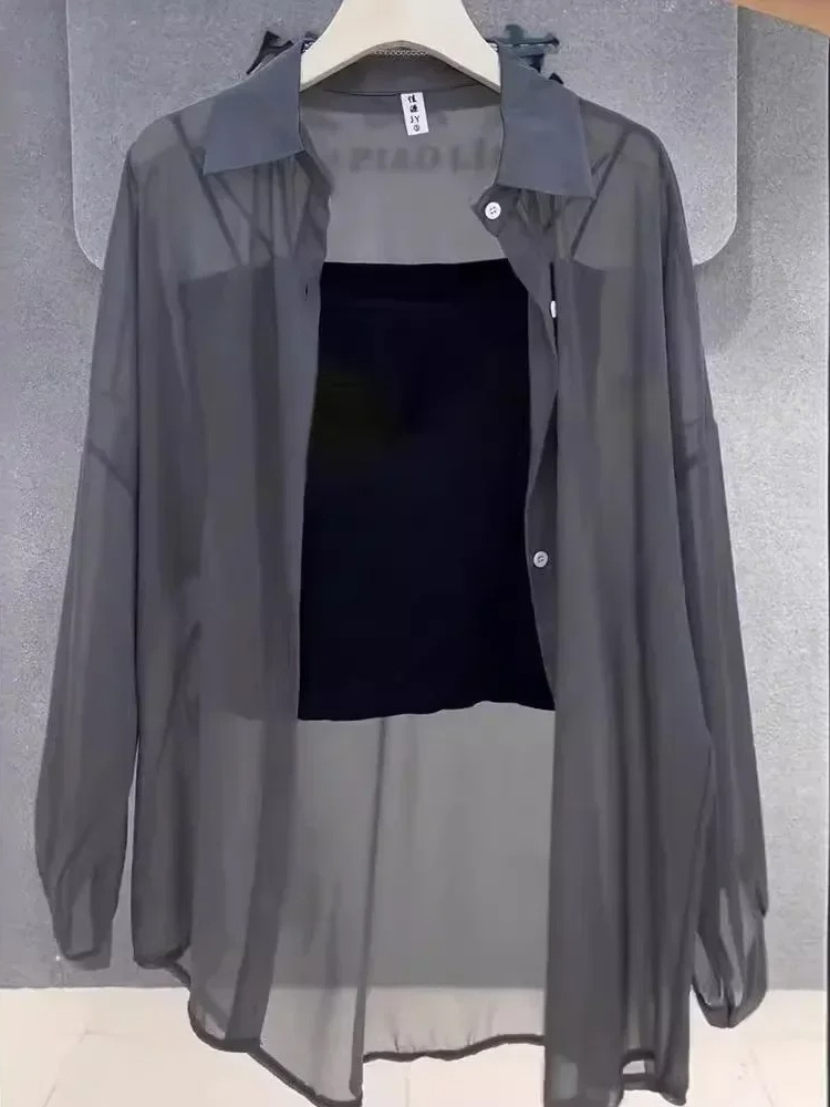 AliExpress Plus Size Women’s Tops 2025 Summer Breathable and Sun-Proof Ice Silk Button Thin Loose Sheer Chiffon Blouses Shirts Long Sleeve, view 2