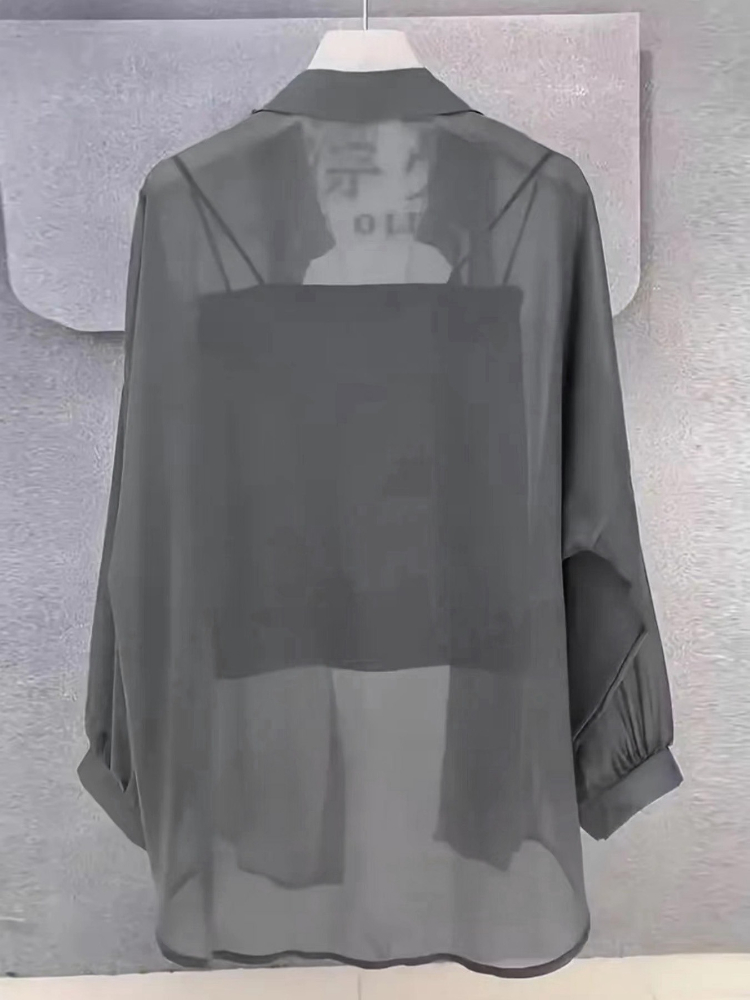 AliExpress Plus Size Women’s Tops 2025 Summer Breathable and Sun-Proof Ice Silk Button Thin Loose Sheer Chiffon Blouses Shirts Long Sleeve, view 3