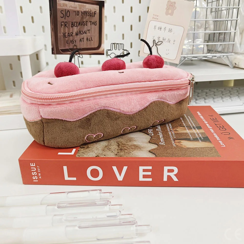 AliExpress Plush Cute Pencil Bag Cherry Cake Pencil Case Large Capacity Student Stationery Storage for Girls Kids Back to School Gift, view 4
