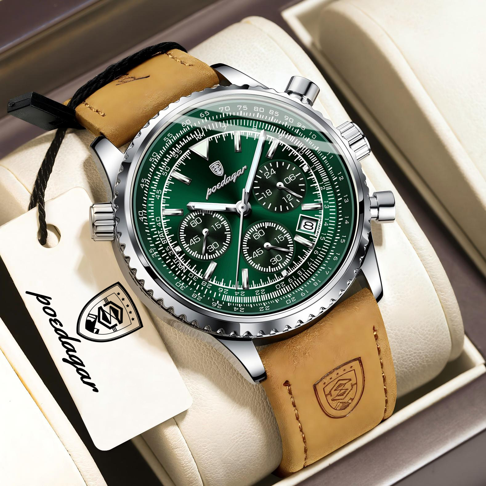 AliExpress POEDAGAR Men's Leather Chronograph Quartz Watch, view 2