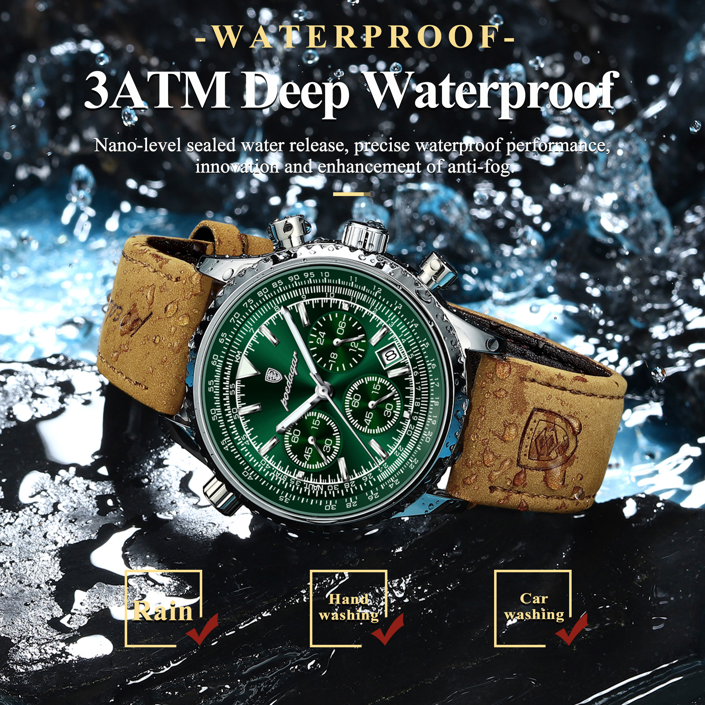 AliExpress POEDAGAR Men's Leather Chronograph Quartz Watch, view 3