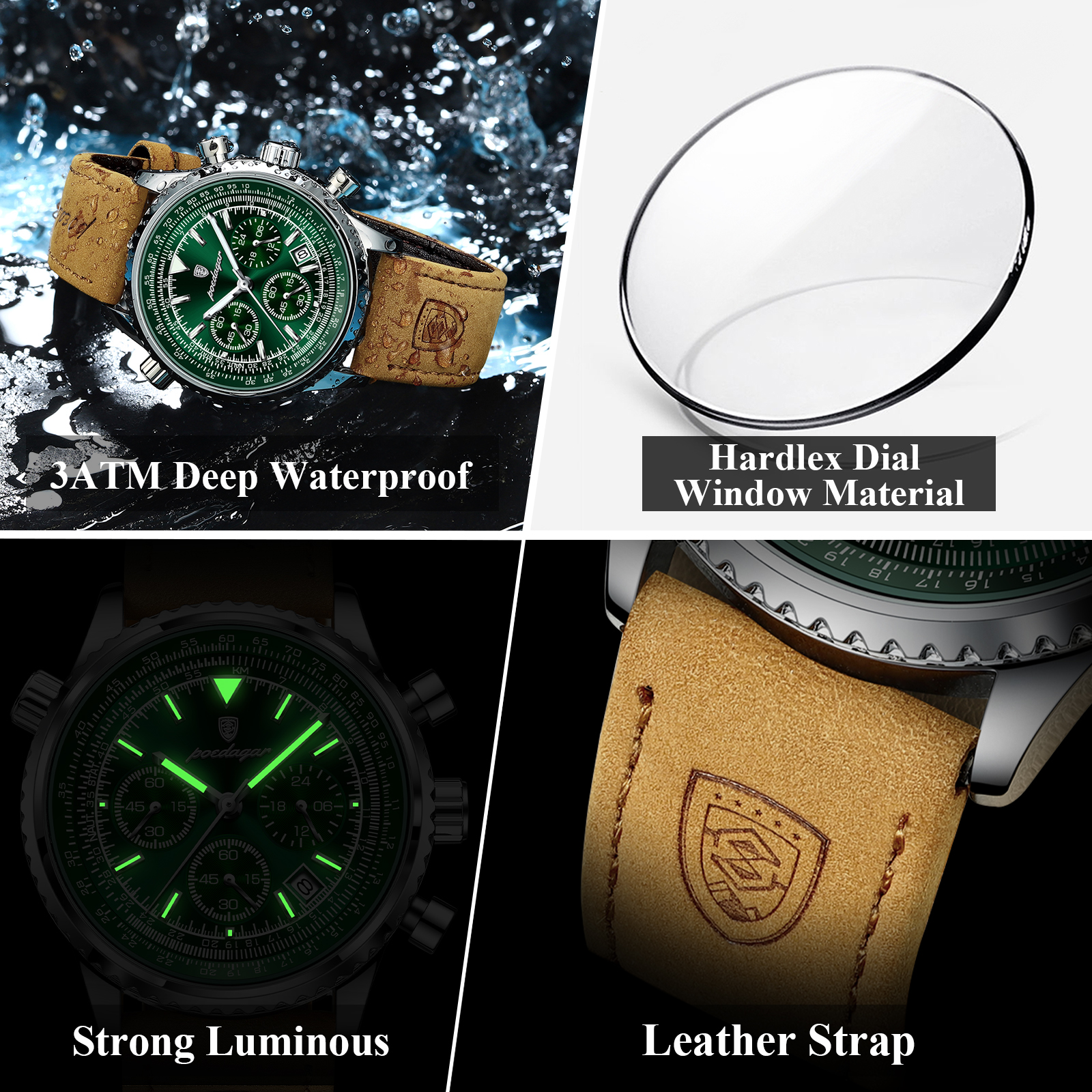 AliExpress POEDAGAR Men's Leather Chronograph Quartz Watch, view 4