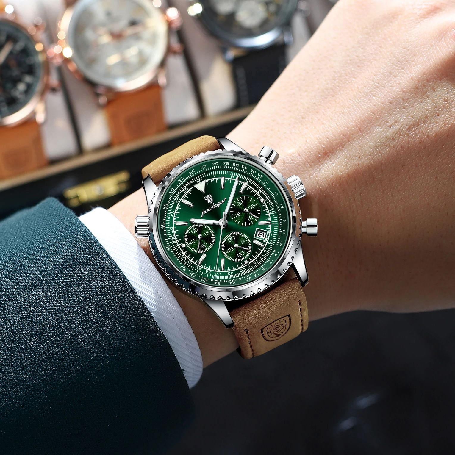 AliExpress POEDAGAR Men's Leather Chronograph Quartz Watch, view 5