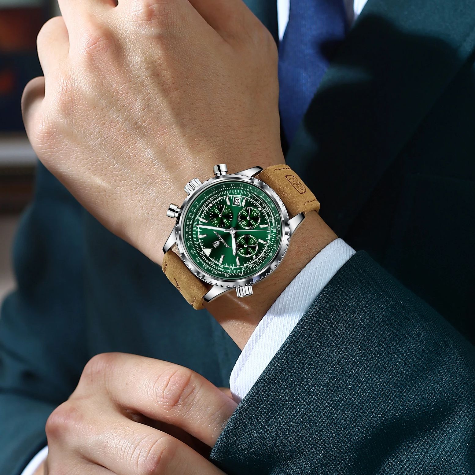 AliExpress POEDAGAR Men's Leather Chronograph Quartz Watch, view 6