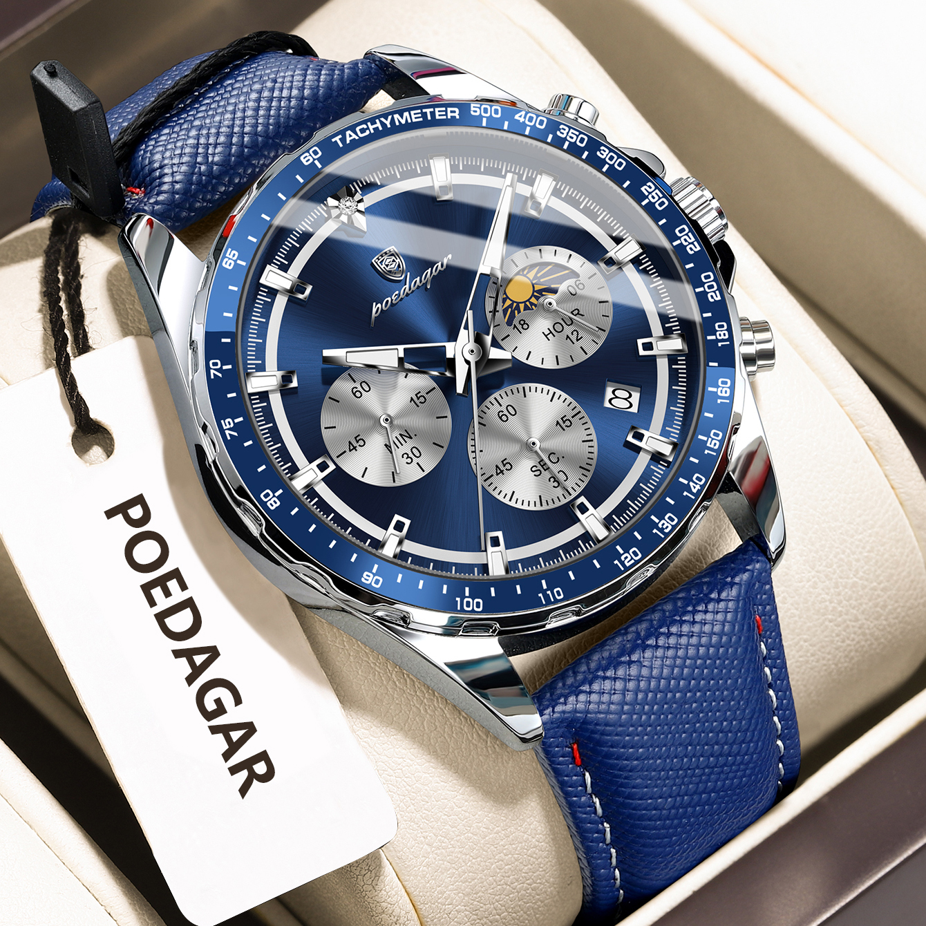 AliExpress POEDAGAR Men's Date Chronograph Leather Quartz Watch, view 2